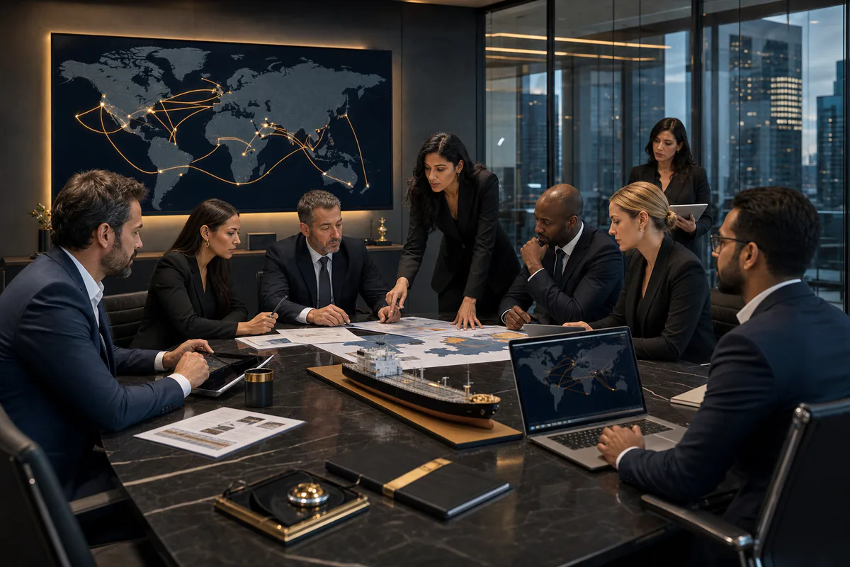 Executives reviewing international oil logistics in a premium boardroom with route maps and maritime planning documents