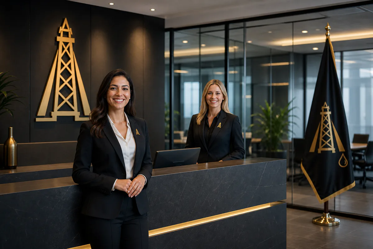 Two executive women smiling in the Aex Oil International reception with a branded wall and corporate flag